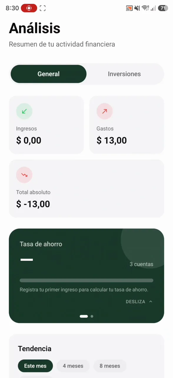 Pantalla de análisis de Monrate con ingresos, gastos y tendencia