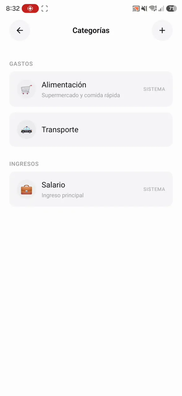 Pantalla de categorías de Monrate