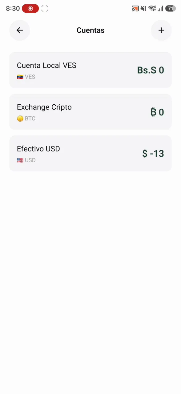 Pantalla de cuentas multidivisa de Monrate en USD, VES y BTC