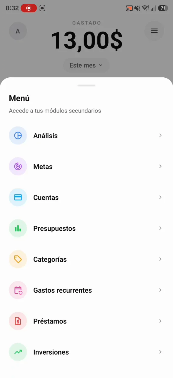 Menú de módulos de Monrate